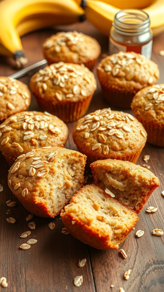 Freshly baked banana oat muffins on a wooden table, some broken open to show the moist texture.